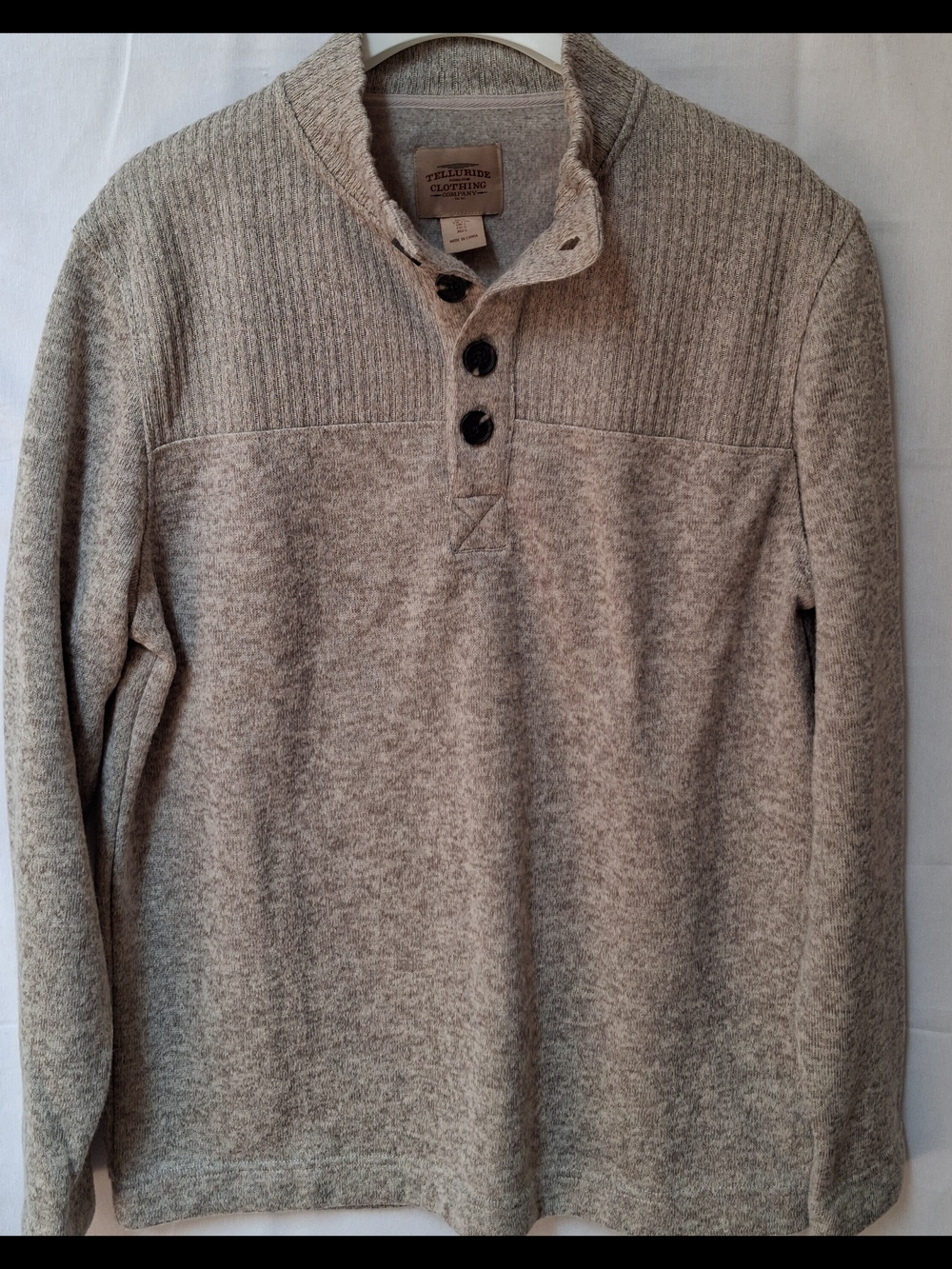Telluride Clothing Co Mens Large Tan Heather Ribbed Yoke 1/4 Button Pullover